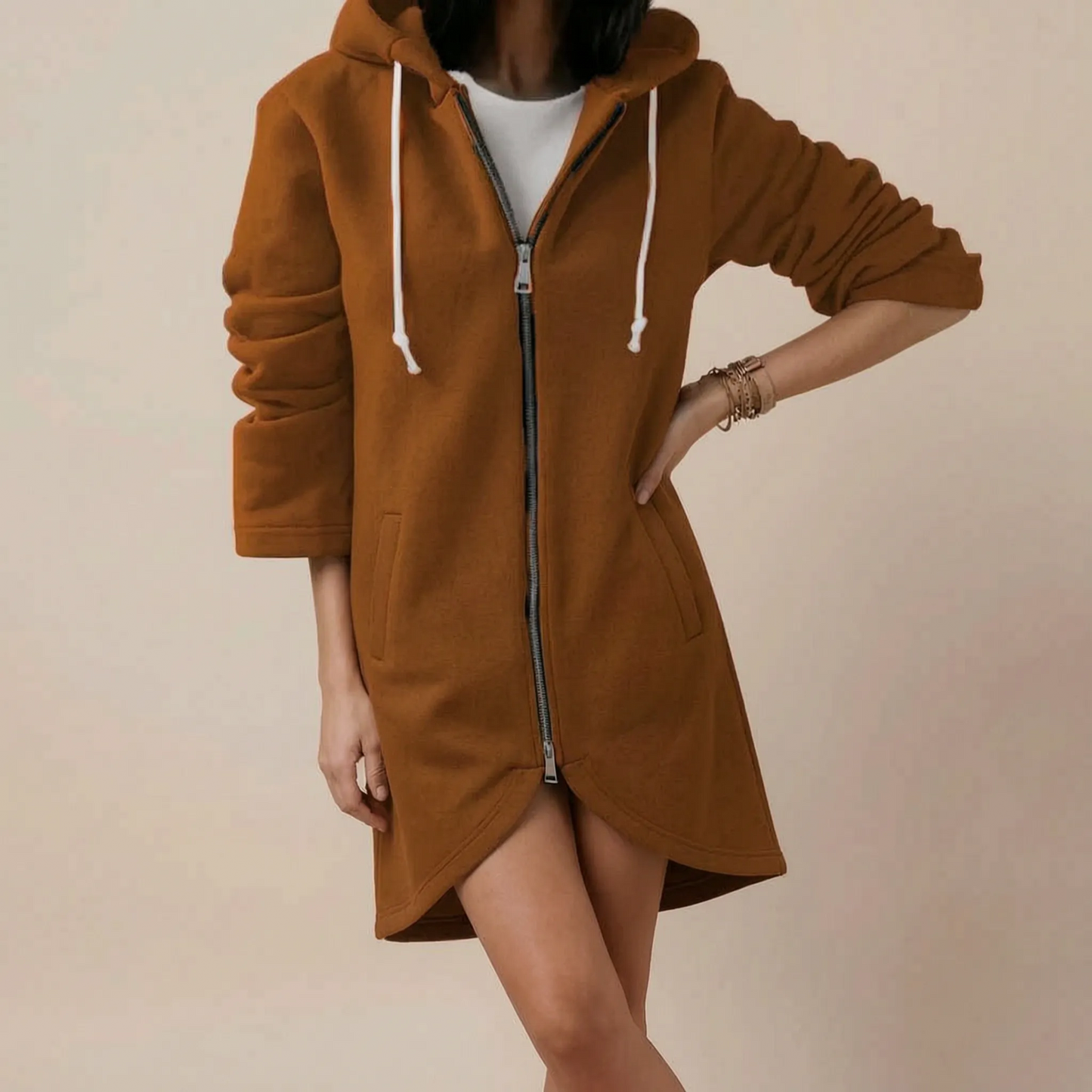 Aluna | Lange Kapuzenjacke Mit Reißverschluss