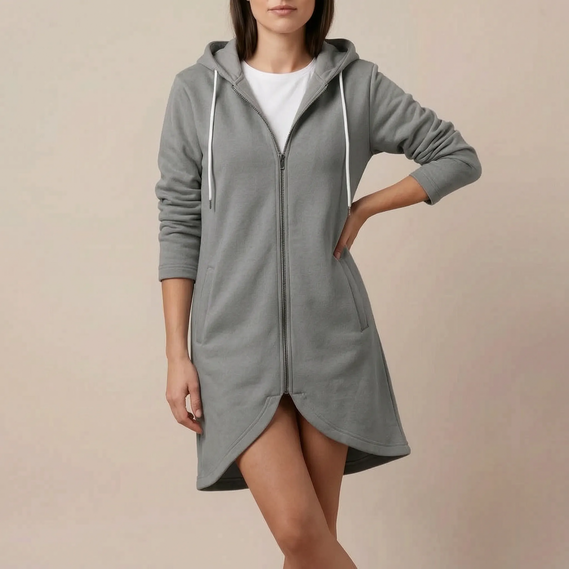 Aluna | Lange Kapuzenjacke Mit Reißverschluss