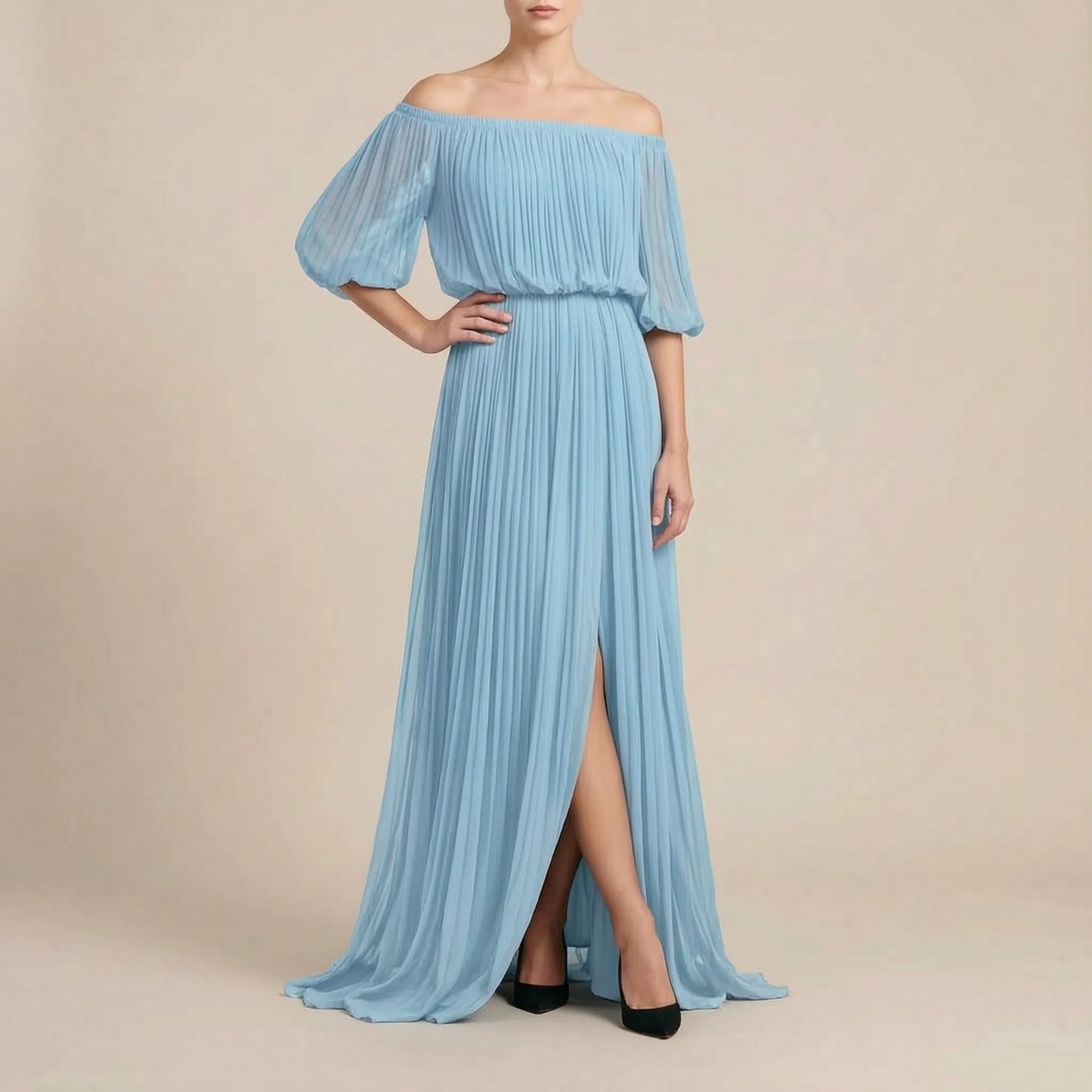 Breezelle | Elegantes Schulterfreies Maxikleid Mit Feinen Plisseefalten