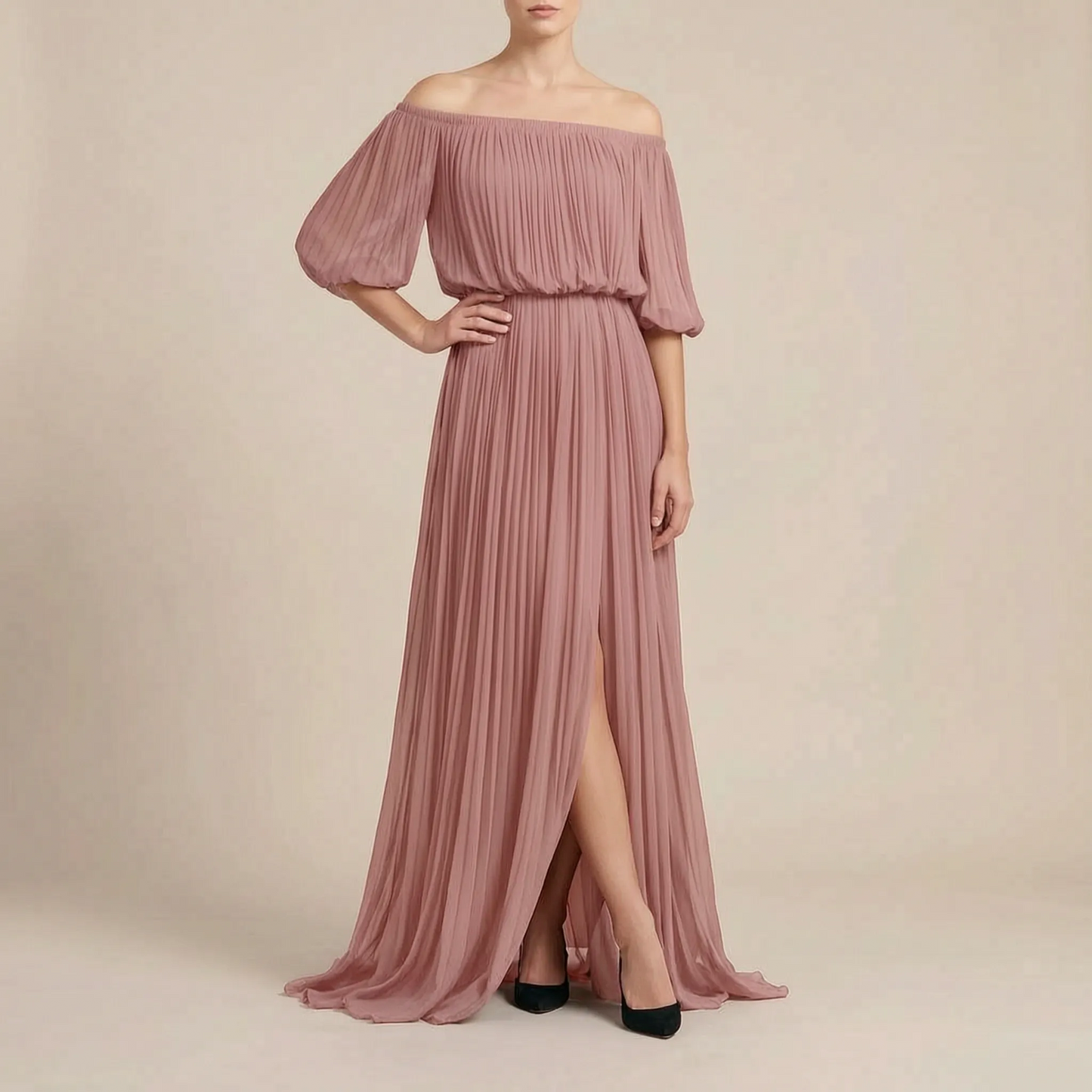 Breezelle | Elegantes Schulterfreies Maxikleid Mit Feinen Plisseefalten