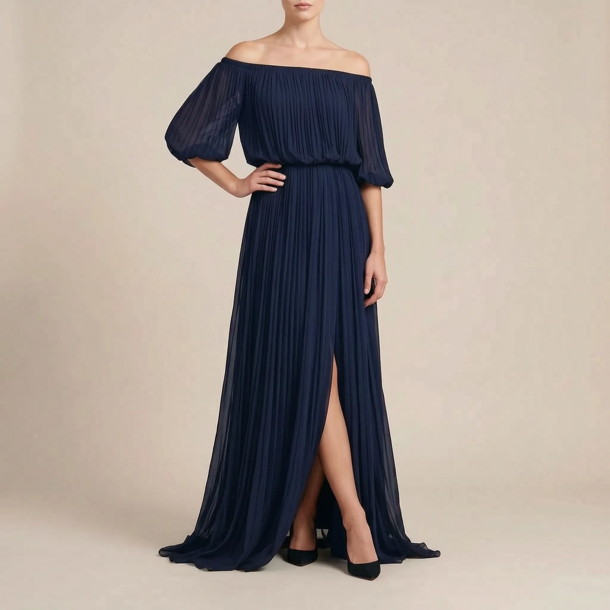 Breezelle | Elegantes Schulterfreies Maxikleid Mit Feinen Plisseefalten