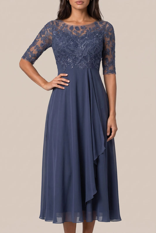 Galissa | Elegantes Dunkelblaues Abendkleid Mit Verzierten Ärmeln