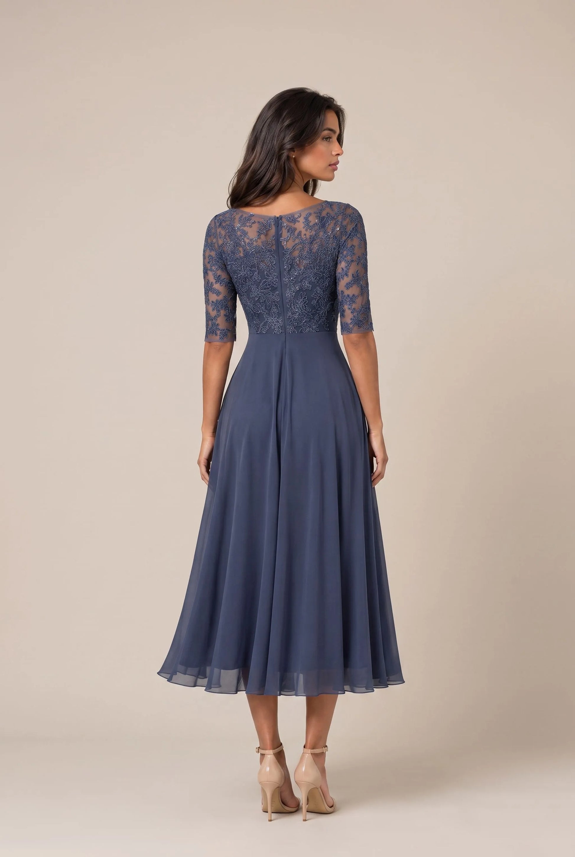 Galissa | Elegantes Dunkelblaues Abendkleid Mit Verzierten Ärmeln
