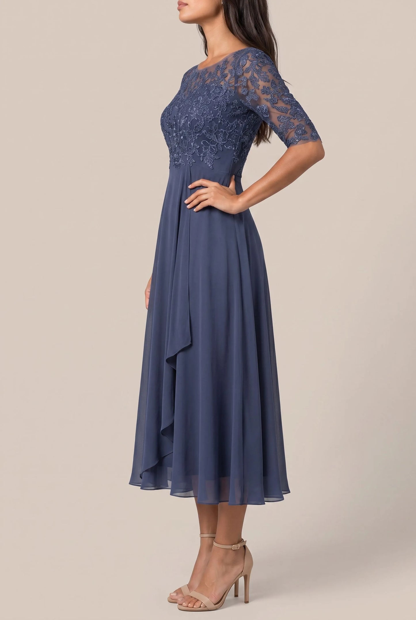Galissa | Elegantes Dunkelblaues Abendkleid Mit Verzierten Ärmeln