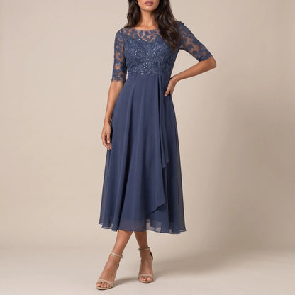 Galissa | Elegantes Dunkelblaues Abendkleid Mit Verzierten Ärmeln