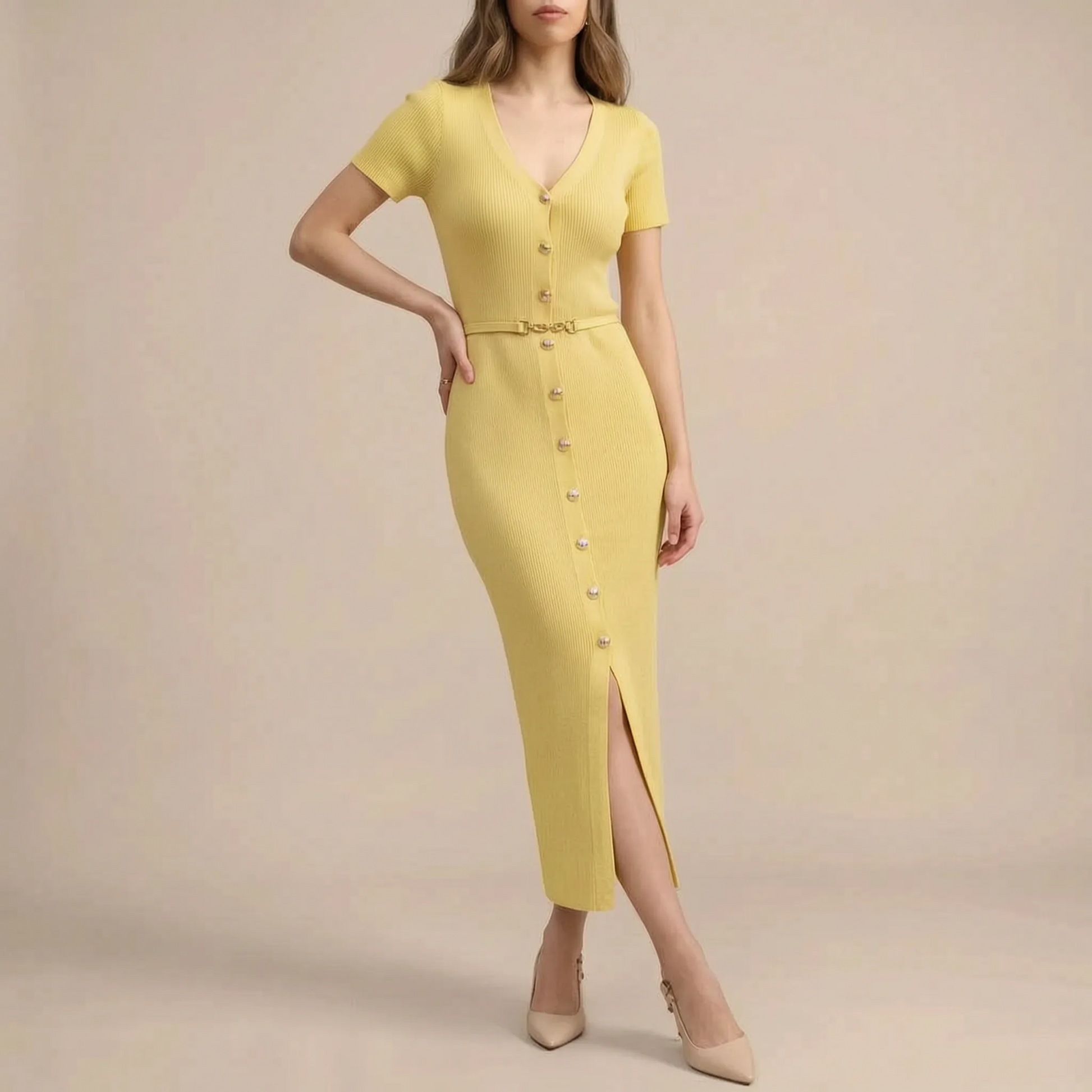LuminaDress | Langes V-Ausschnitt Strickkleid