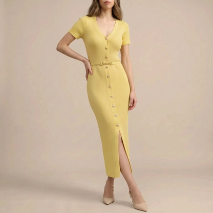 LuminaDress | Langes V-Ausschnitt Strickkleid