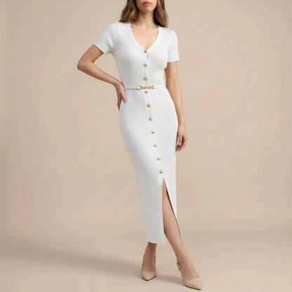 LuminaDress | Langes V-Ausschnitt Strickkleid
