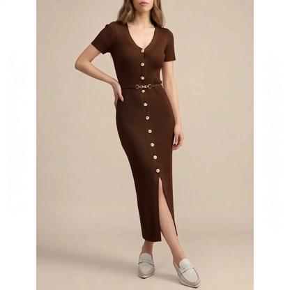 LuminaDress | Langes V-Ausschnitt Strickkleid