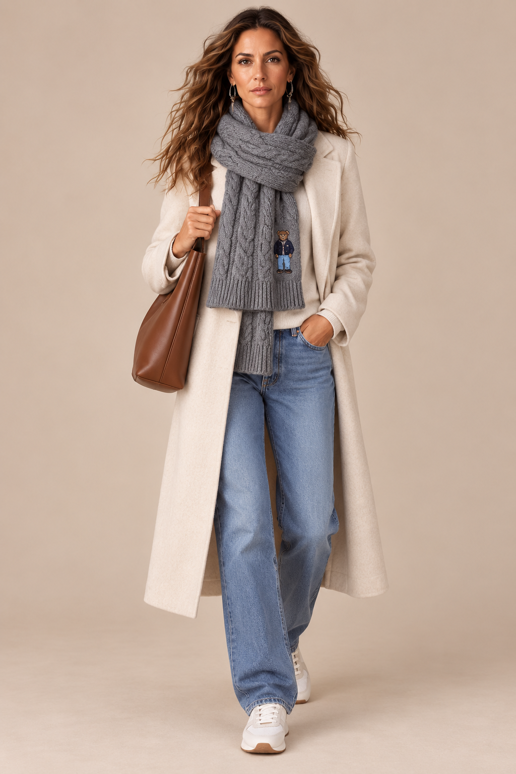Nerina | Wollschal Beige mit klassischem Zopfmuster
