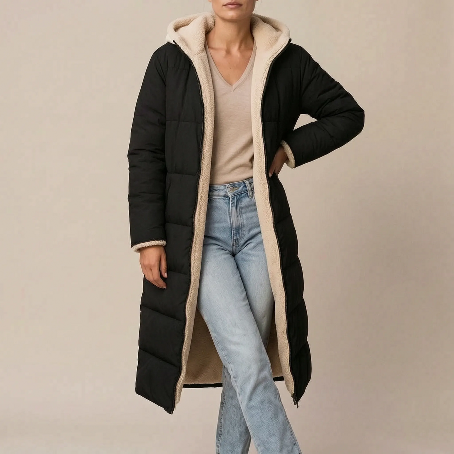 NordicCoat | Langer Schwarzer Damenmantel