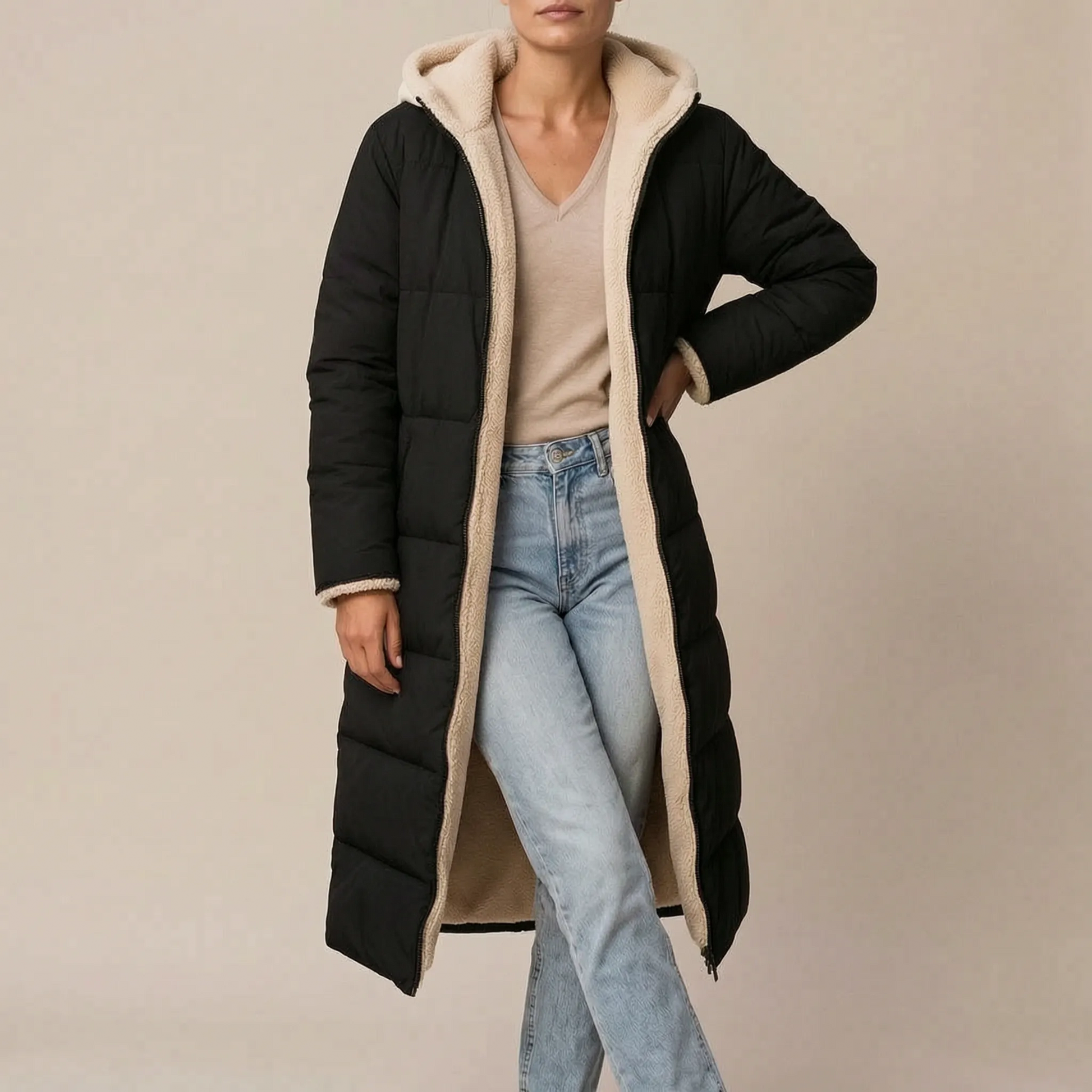 NordicCoat | Langer Schwarzer Damenmantel