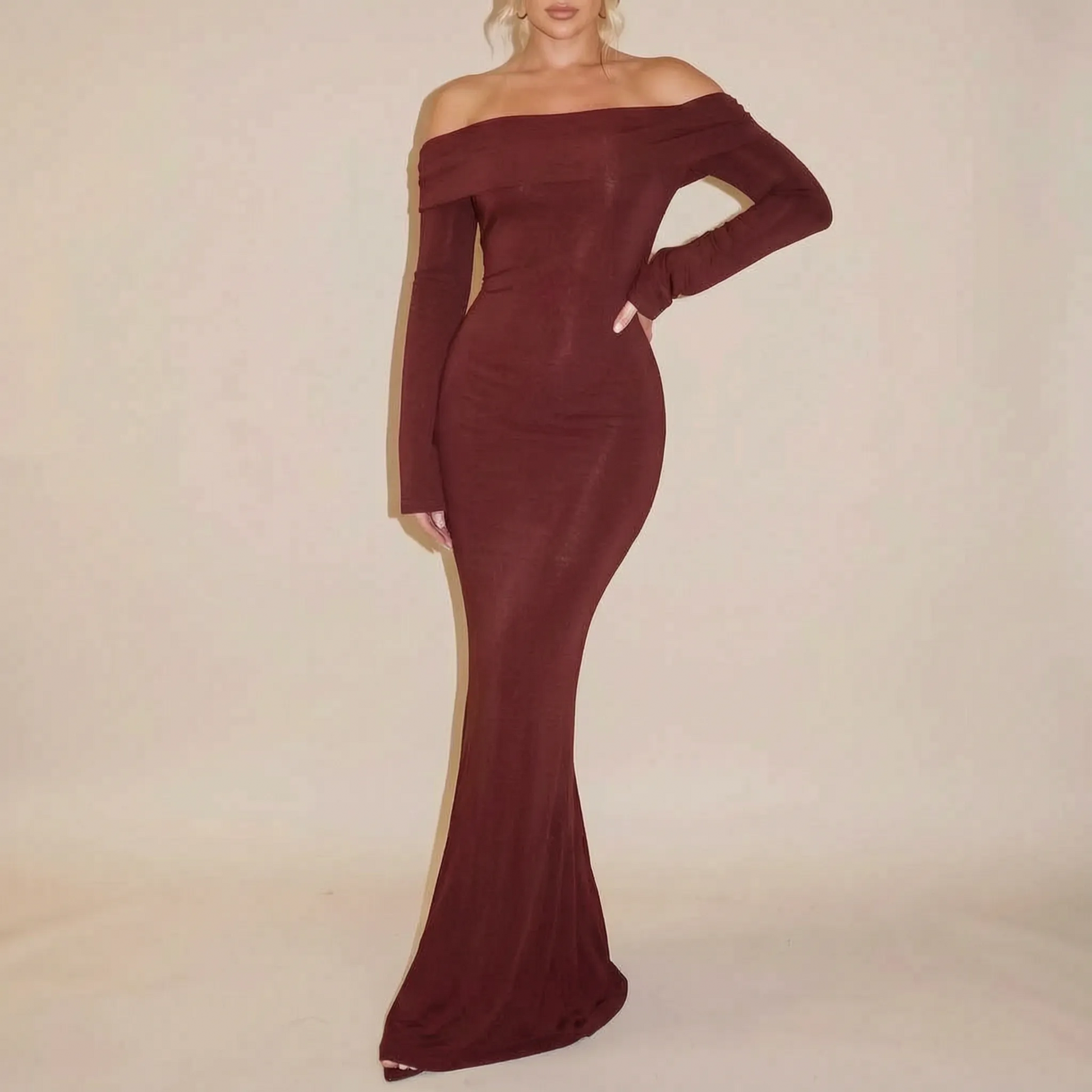 Ravena | Langes Schulterfreies Abendkleid Mit Ärmeln