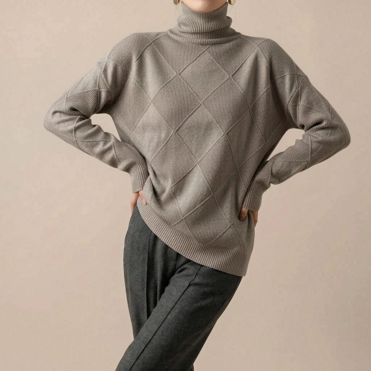 RhombusChic | Lockerer Rollkragenpullover Damen Mit Rautenmuster