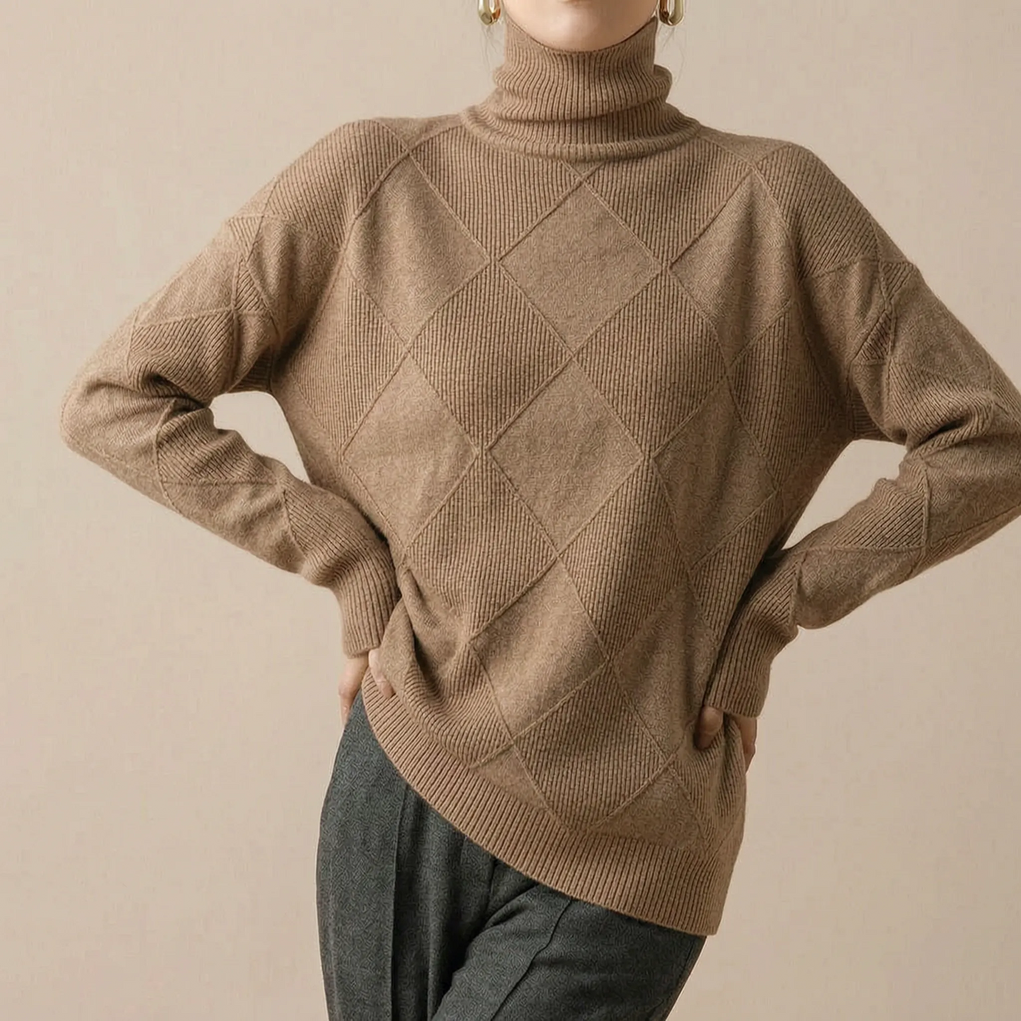 RhombusChic | Lockerer Rollkragenpullover Damen Mit Rautenmuster