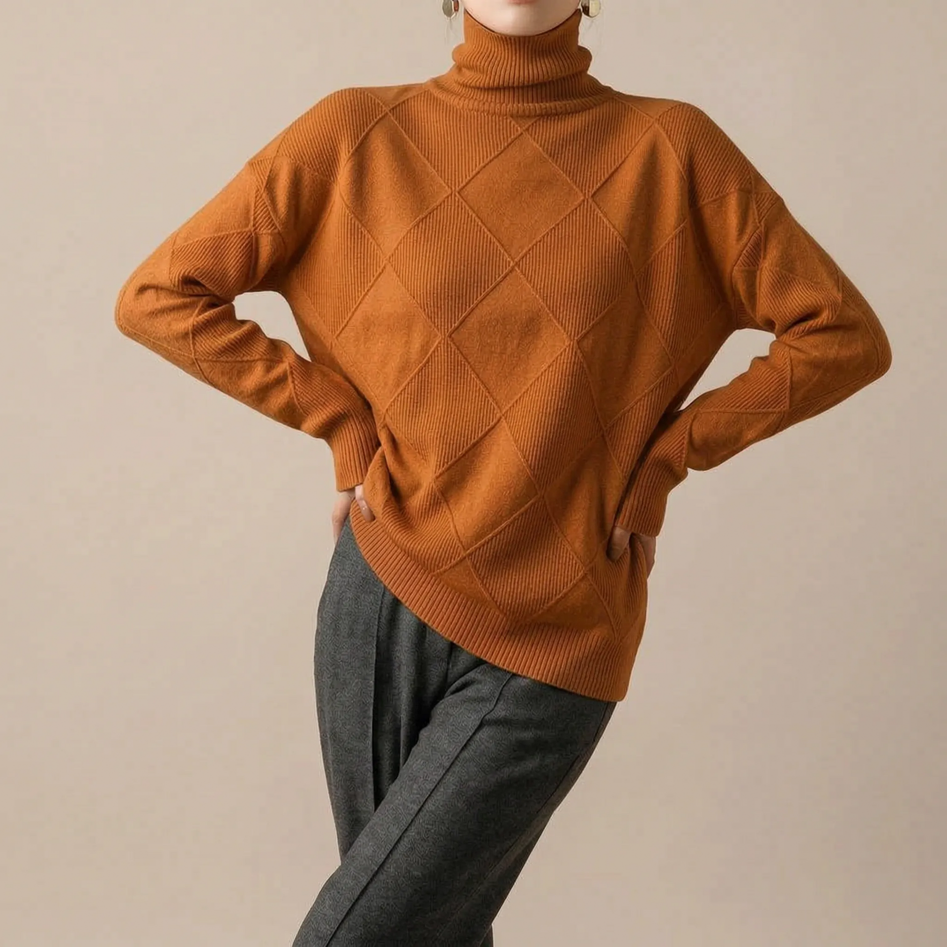RhombusChic | Lockerer Rollkragenpullover Damen Mit Rautenmuster