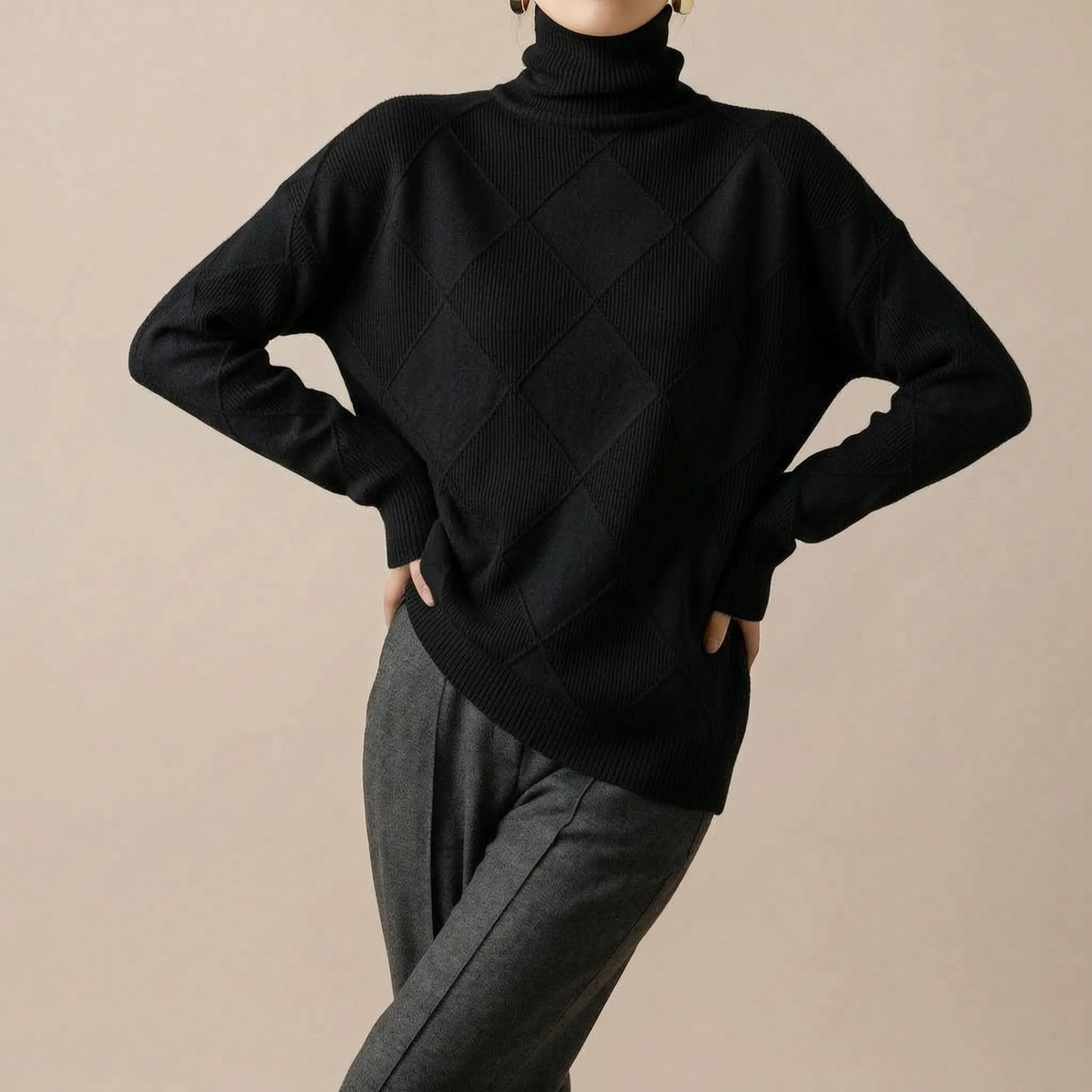 RhombusChic | Lockerer Rollkragenpullover Damen Mit Rautenmuster