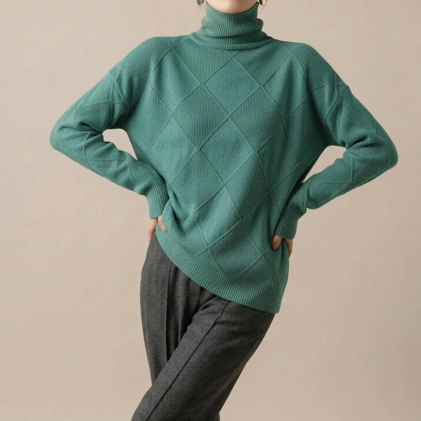 RhombusChic | Lockerer Rollkragenpullover Damen Mit Rautenmuster