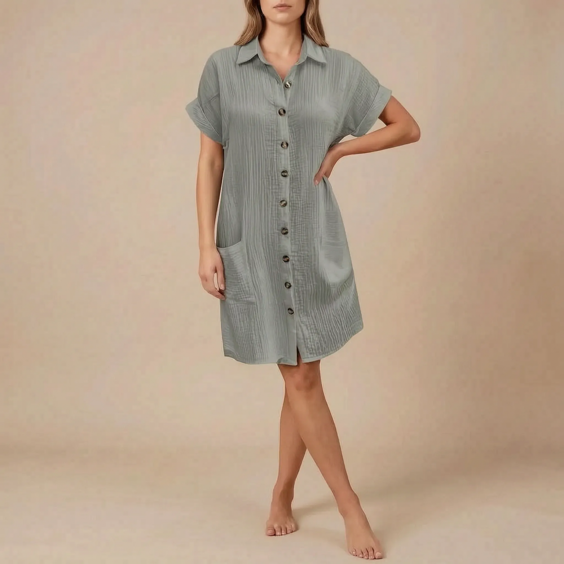 Solora | Kurzärmeliges Strukturiertes Hemdblusenkleid