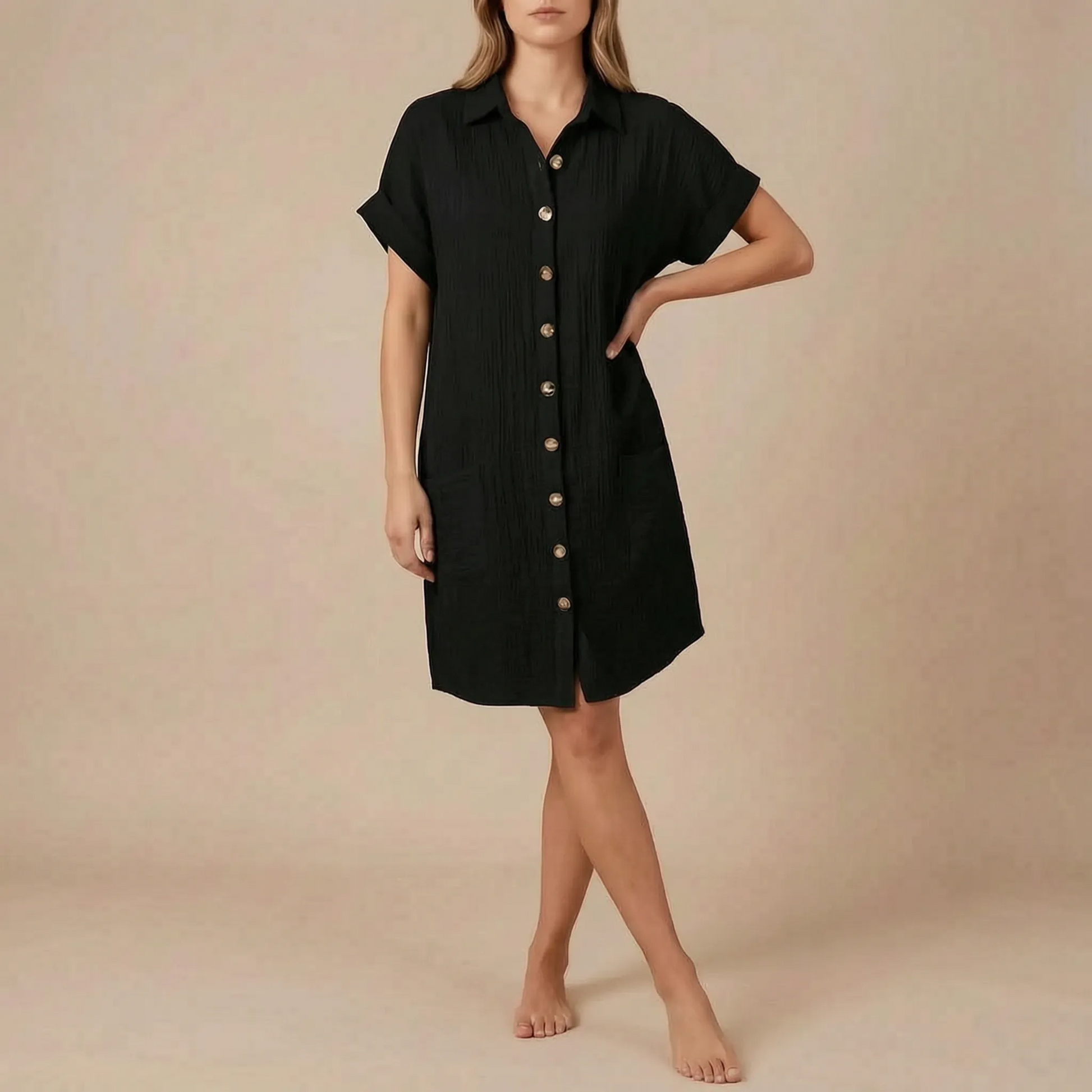 Solora | Kurzärmeliges Strukturiertes Hemdblusenkleid