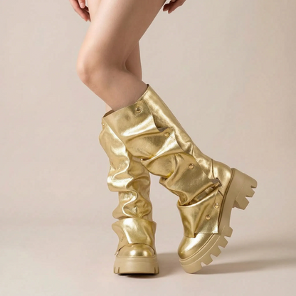 Stompia | Geraffte Hohe Damenstiefel Mit Plateausohle