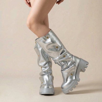 Stompia | Geraffte Hohe Damenstiefel Mit Plateausohle
