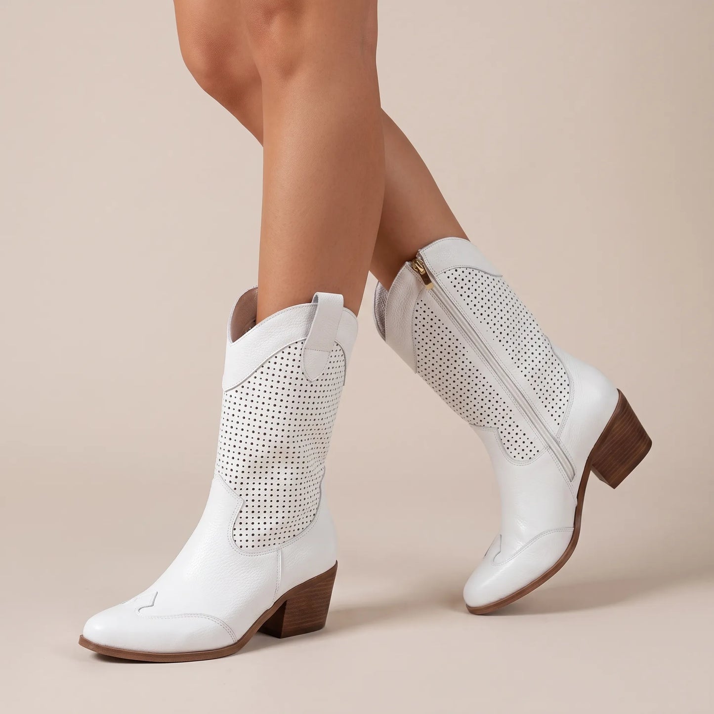 Ventora | Weiße Perforierte Cowboystiefel